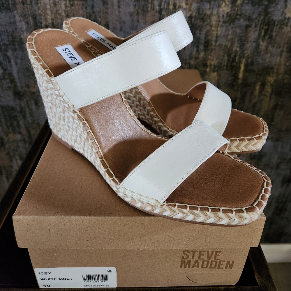 Steve Madden Icey Espadrille Wedge Sandal in White Leather Size 10
